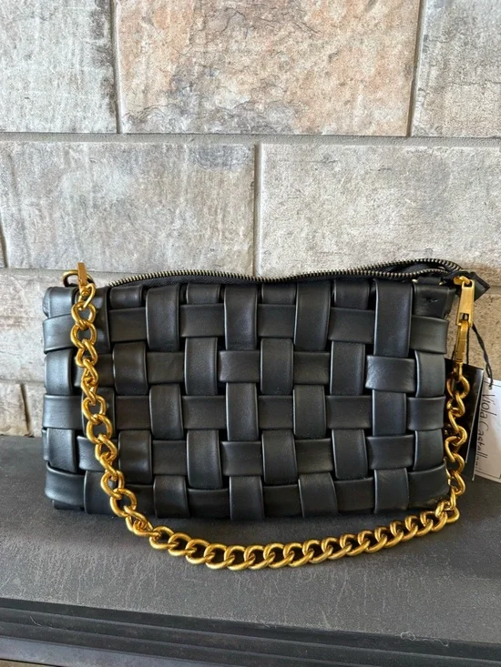 Viola Castellani Black Woven Leather Shoulder Bag with Gold Chain