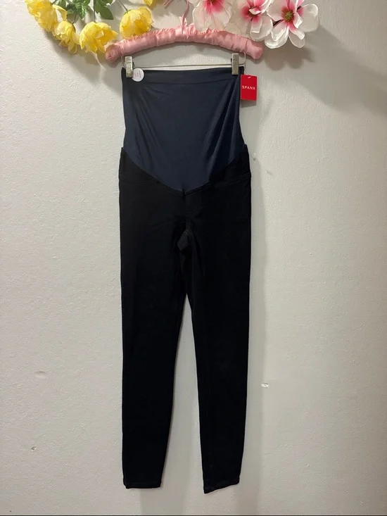 SPANX Black Leggings with Dark Navy Waist Panel