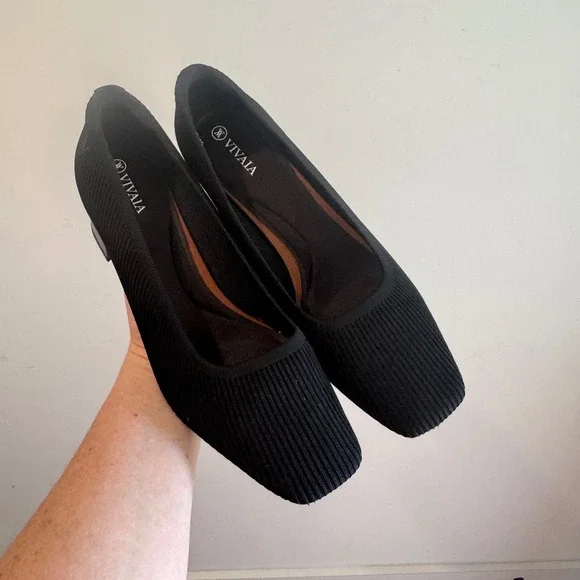 VIVAIA Black Ribbed Knit Square Toe Block‎ Heel Pumps Women's Size 41.5