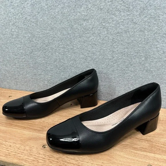 Clarks Iridessa May Black Leather Cap Toe Block Heel Pumps Womens 9.5‎ M
