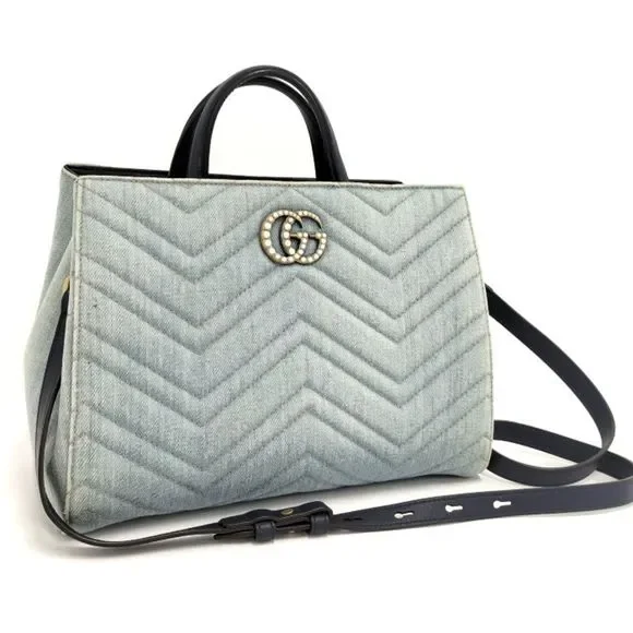 GUCCI Shoulder Bag GG Marmont Quilted Canvas Denim Blue