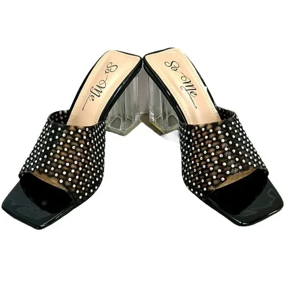 So me rhinestone black netted mule heels with clear chunky block heel sz 7 NWT