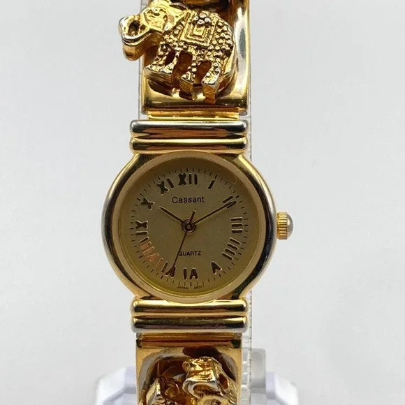 Cassant Womens Watch 22mm Gold Tone Elephant Slide Charms New Battery 6.75