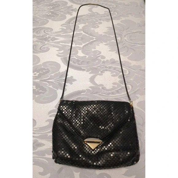 Sparkly Vintage 80s Purse Black Sequin Aluminum Mesh‎ Shoulder Strap Bag Glam
