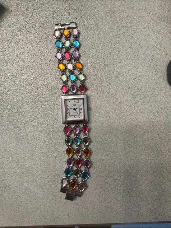 Vintage JB brand Colorful Multi-Stone Silver Bracelet Watch **not working**