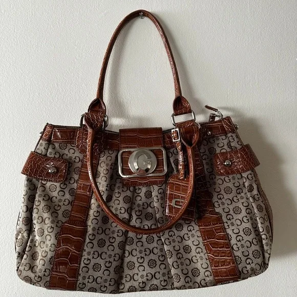 RARE Guess Monogram Canvas Brown Croc Embossed Bag Satchel‎ G Logo Buckle Y2K