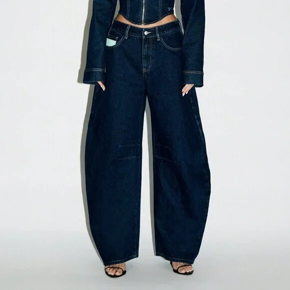 Dark Wash Casual Women's Barrel Cut Wide Leg High Waisted Jeans