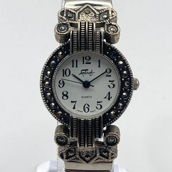Vtg Faberge Womens Marcasite Watch 26mm Silver Tone Stretch Band New Battery