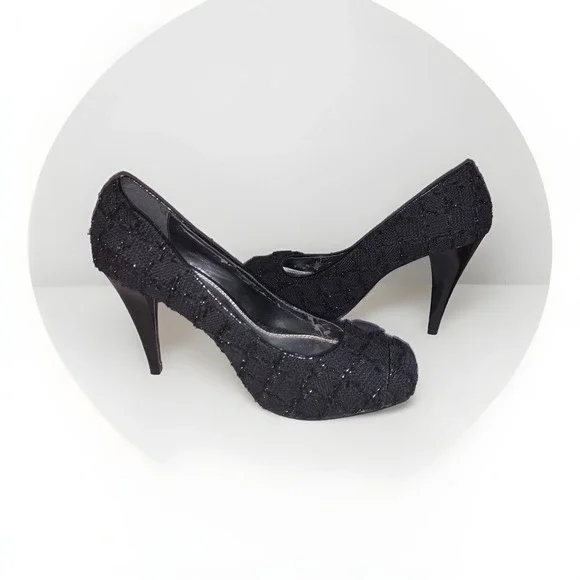 White House Black Market Edison Pumps Womens 8.5 Black Tweed Metallic Heels Glam