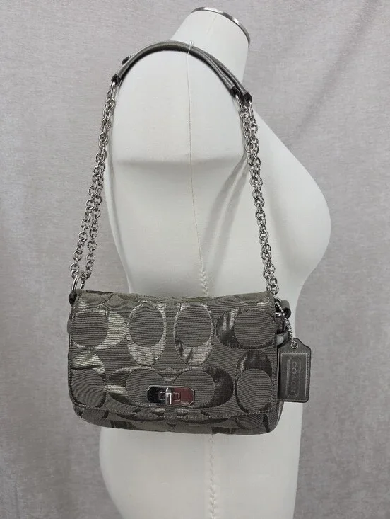 Coach Signature Canvas Jacquard Shoulder Bag in Metallic Pewter Chain Straps