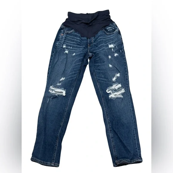 Old Navy Maternity Boyfriend Jeans Distressed Dark Wash Full Panel 10 Long