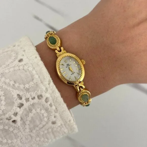 SKU:0018 Gold white mini‎ Watch with green natural stones + in a gift box