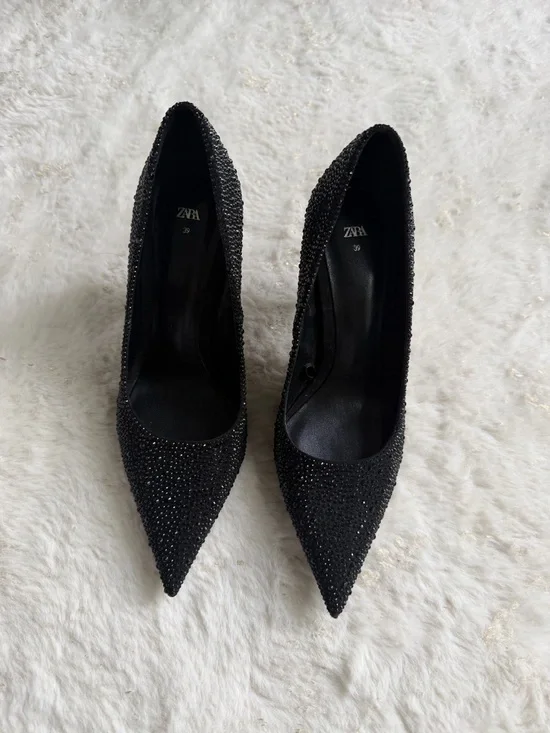 ZARA Black Crystal-Embellished Pointed Toe Heels