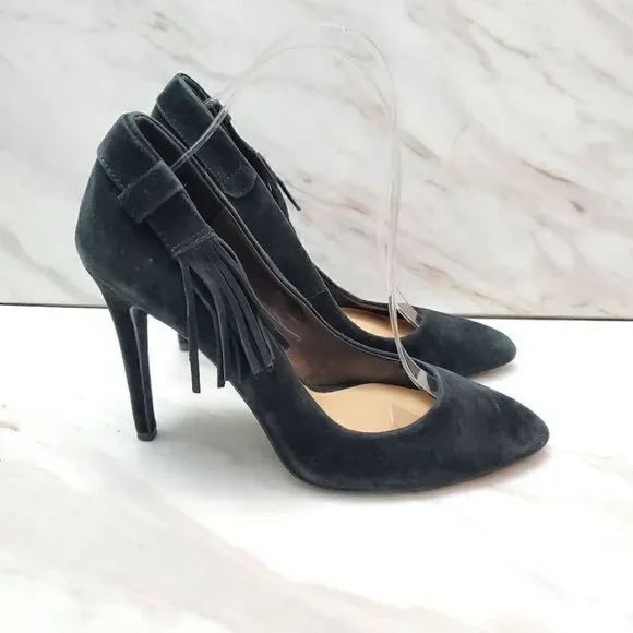 Joe's Black Fringe Suede Pointed Toe Pumps Size 8.5‎