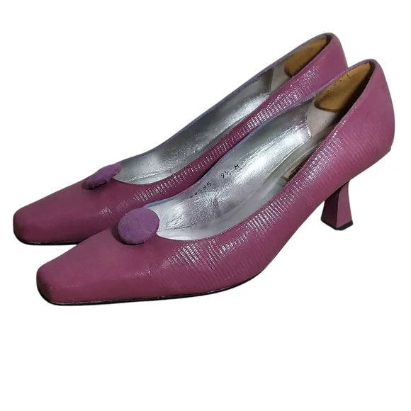 Timothy Hitsman Vintage Purple Dark Lavender Textured Leather Square Toe Heels