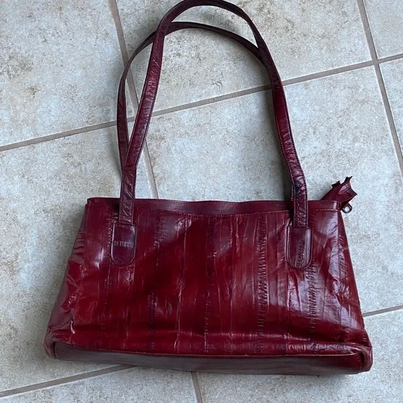 Eel skin 2 strap 4 compartment Red Leather Tote Bag
