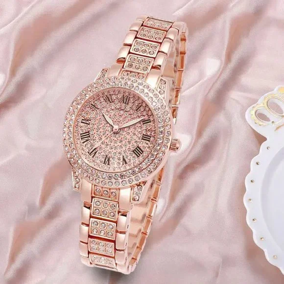Women's Sparkling Rose Gold Watch with Rhinestones on Case and Band New