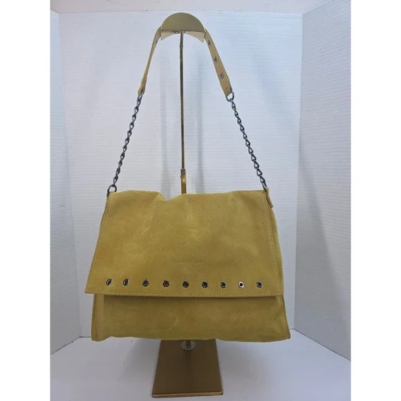 Longchamp Lime Yellow Suede Grommet Shoulder Bag Made in France L1510885163 NWT