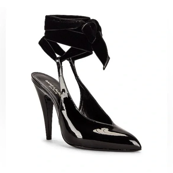 Saint Laurent Kika 55 Lace Up Patent Leather Sling Back Heels