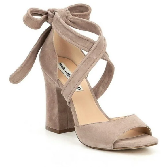 Karl Lagerfeld Suede Tie Up Ankle Heels Tan Nude Block Heel