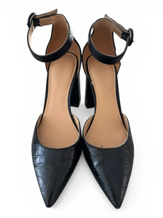 Marc Fisher Black Faux Croc Pointed Toe Block Heel Ankle Strap Pumps Women 6.5