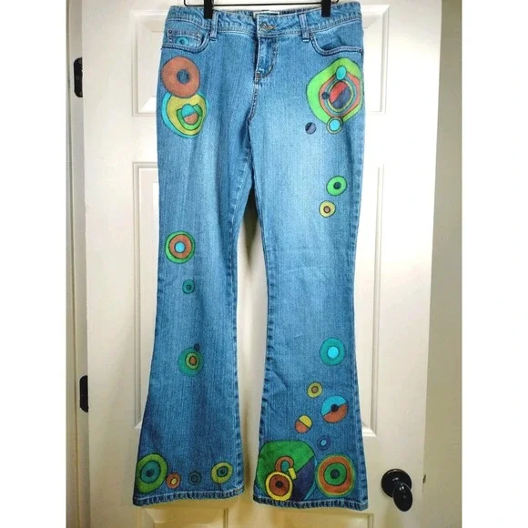VTG ZANA-DI Custom Painted Flare Jeans Women's 11 Y2K Boho Hippie Mid Rise