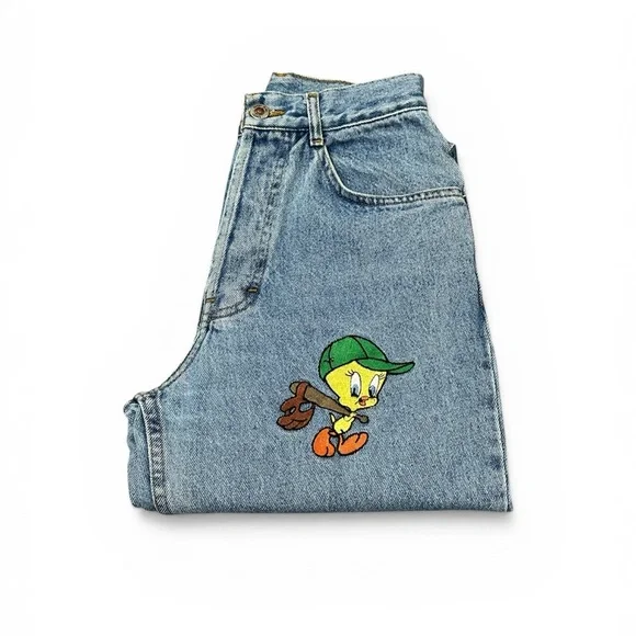 Mom Jeans Vintage 90s Looney Tunes Tweety Bird Embroidered Whooz Blooz 5/6 Y2K