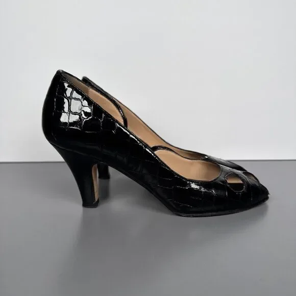 Anyi Lu Handmade In Italy Patent Leather Snakeskin Black Peep Toe Heels Sz 37.5‎