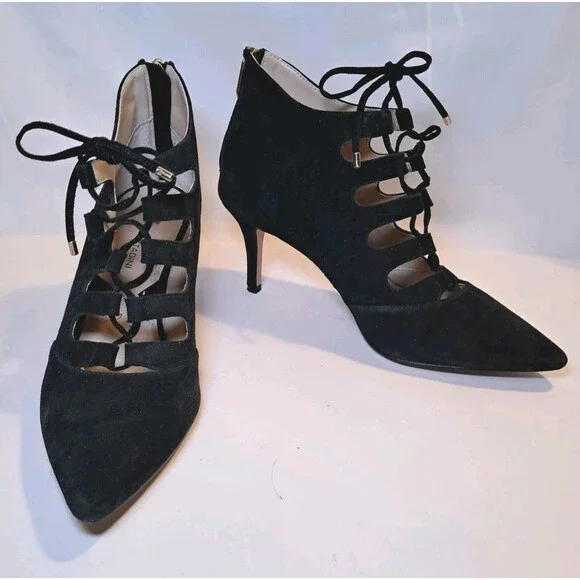 Adrienne Vittadini Size 7M Fealy Black Suede Lace Up Bootie Pump 3