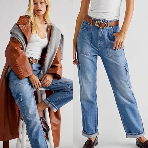 Free People Ezra High Waisted Cargo Jeans In Medium Wash Size 30 New