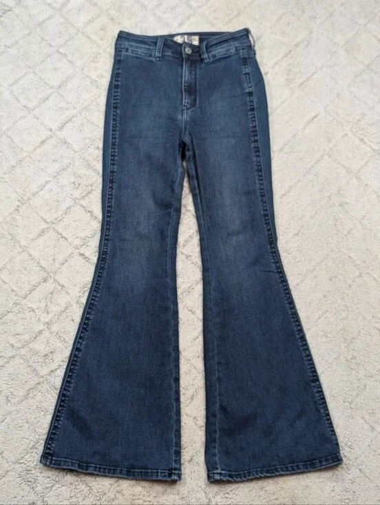 Free People Jeans Womens 25 Blue Penny Mid Rise Flare Cotton Stretch Retro Boho