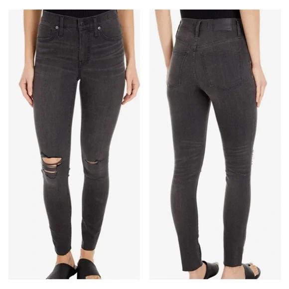 Madewell 9'' Mid-Rise Skinny‎ Ripped Knee Denim Jeans Black Sea Wash Women SZ 25