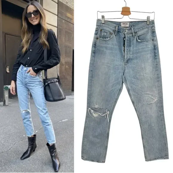 Agolde Riley High Rise Straight Crop Jeans Denim‎ Shatter Wash Blue Size 27