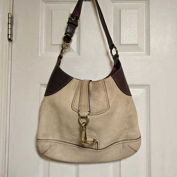 Coach Women's Leather Shoulder Bag Beige with Red Wine‎ Color