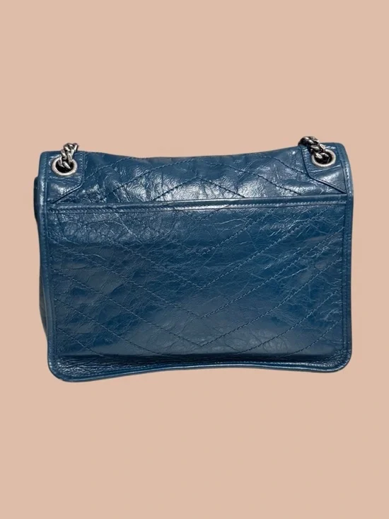 YSL Crinkled Calfskin Matelasse Monogram Medium Niki Chain Peacock Green