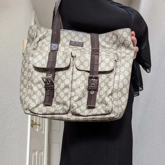 GUCCI PVC Beige & Dark Brown Two Pocket Tote Bag