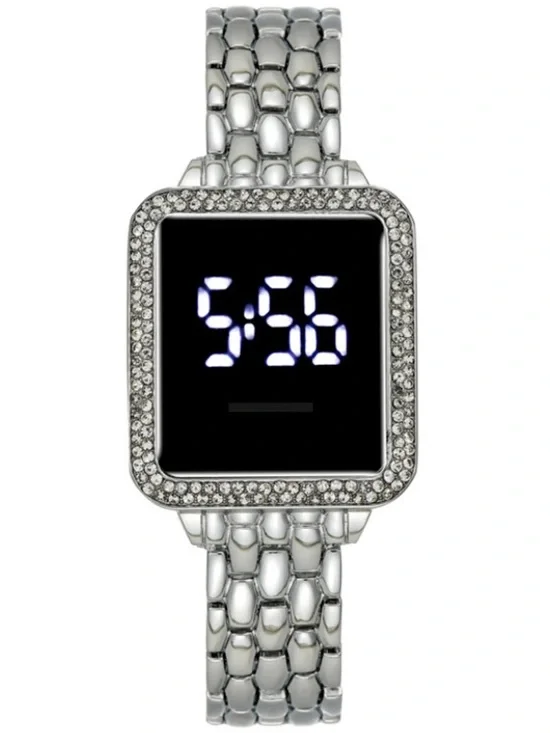 Women’s Silver Digital Watch LED Touchscreen Rhinestone Square Face Watch
