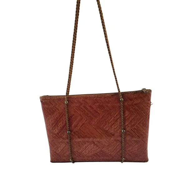 70s Vintage Woven Straw Purse Rope Shoulder Straps Brown‎