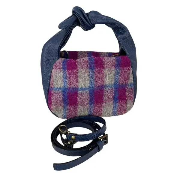Sundance Soire Knotted Bag Blue Leather Wool Magenta Plaid Crossbody