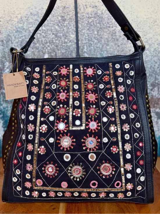 Handcrafted Boho Tribal Mirror Embroidered Leather Shoulder Bag NWT