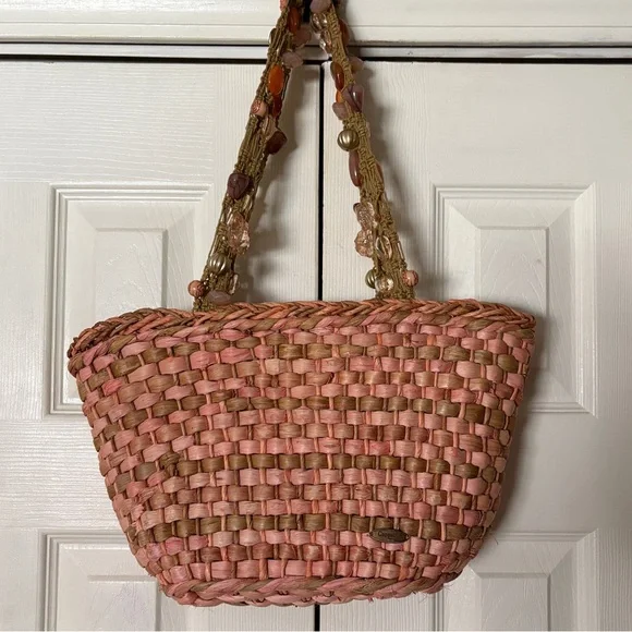 Cappelli Straworld Y2K Boho Pink Woven Shoulder Tote Style Bag w/ Beaded Straps
