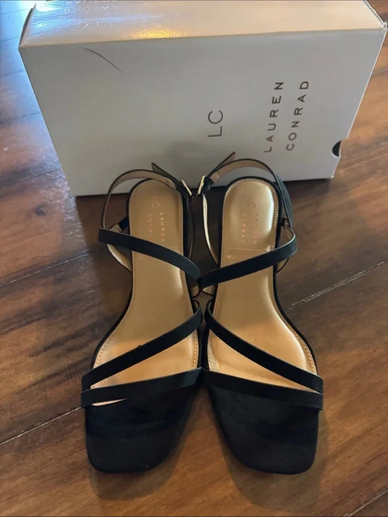 LC Lauren Conrad Emeliah Black Strappy Square-Toe Slingback Sandals New