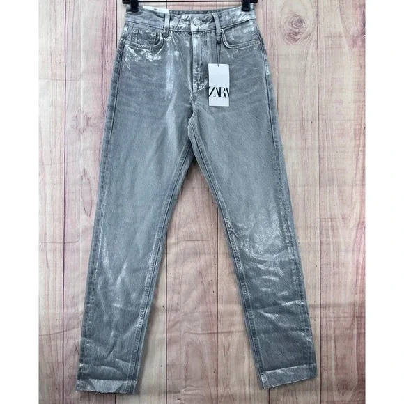 ZARA Metallic‎ Slim Fit Mid Rise Jeans Silver Women Size 2 34