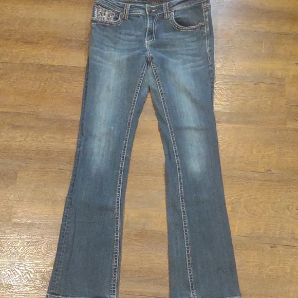 Grace In LA Women's‎ 29 Dark Blue Flare Leg Jeweled Pocket Denim Jeans