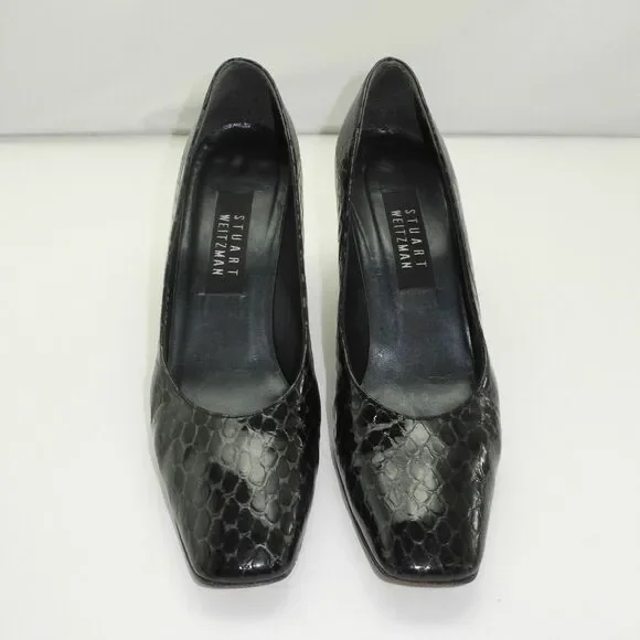 Stuart Weitzman Pumps Women's 8.5 Narrow Black Embossed Reptile Patent Leather