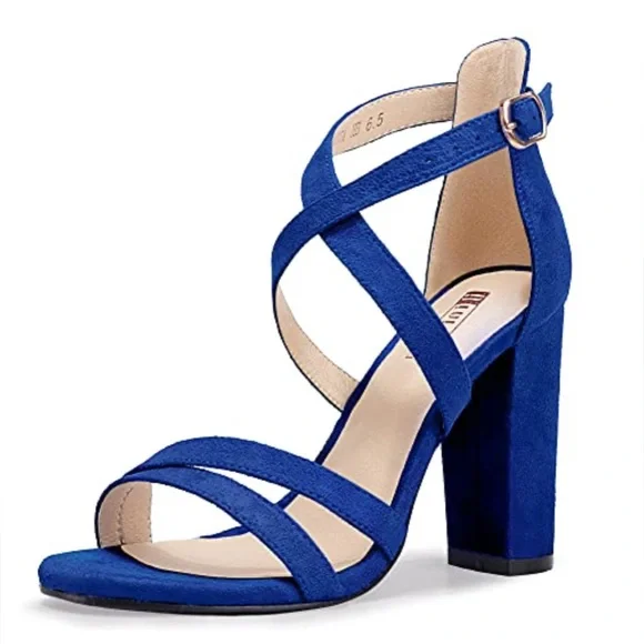 Women's Blue Strappy Heels Open Toe Ankle‎ Strappy Chunky Wedding Bridesmaid 10