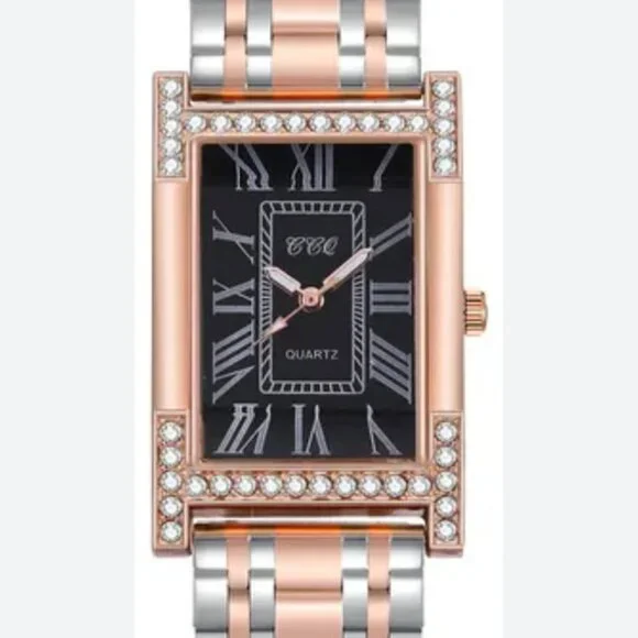 Ladies 2 tone (rose gold/silver quartz watch with a black dial & Roman numerals