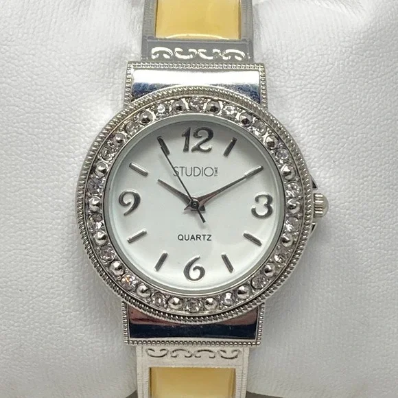 Studio Time Watch Women 32mm Silver Tone Yellow MOP Inlay Cuff Bling New Battery