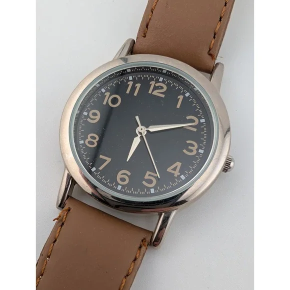 Calvin Hill Watch Women 34mm Silver Case Black Dial Brown Band- New Battery