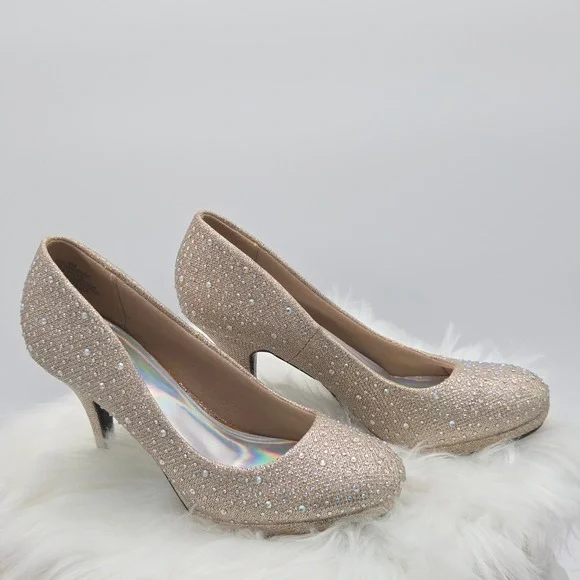 Silver Slipper Rhinestone Glitter‎ Pumps Womens 8M Champagne Gold Kitten Heel